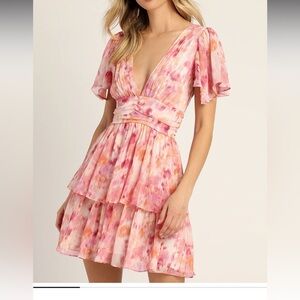Lulus: “Sunny Evenings Pink Multi Lurex Flutter Sleeve Mini Dress” MEDUIM